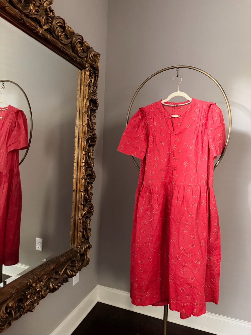 Free People Rose-Red Wooden Button-Front Midi Dress